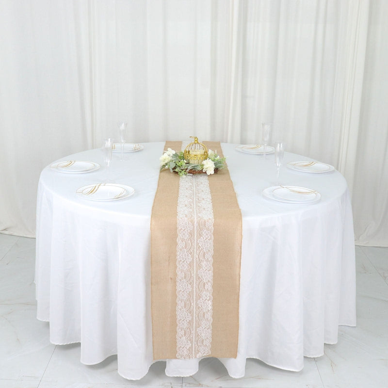 14" x 106" Burlap with Lace Table Runner - White and Natural RUN_JUTE_LACE01_NAT
