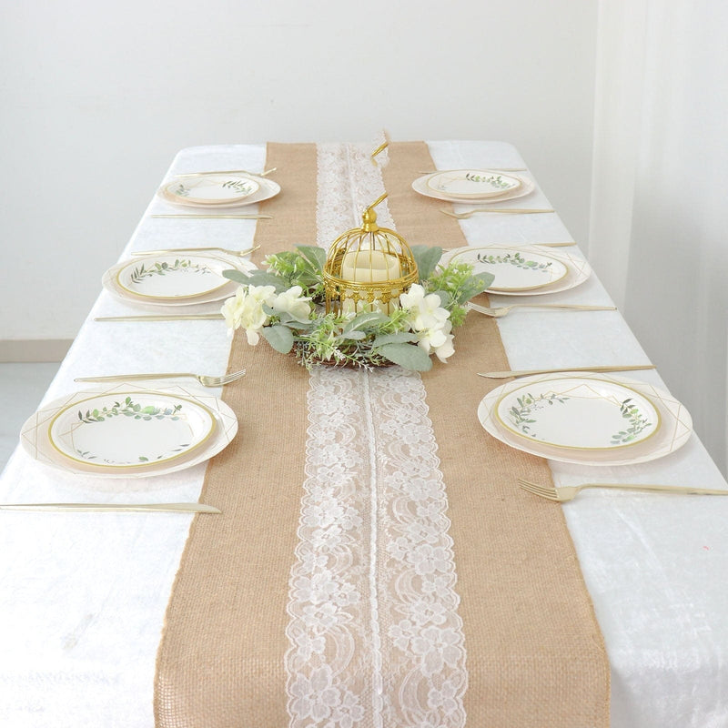 14" x 106" Burlap with Lace Table Runner - White and Natural RUN_JUTE_LACE01_NAT