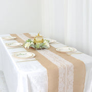 14" x 106" Burlap with Lace Table Runner - White and Natural RUN_JUTE_LACE01_NAT