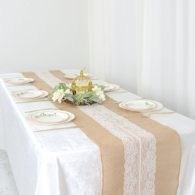 14" x 106" Burlap with Lace Table Runner - White and Natural RUN_JUTE_LACE01_NAT