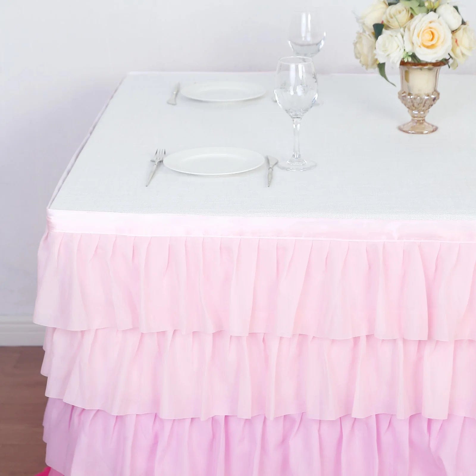 14ft 5-tier Chiffon Ruffled Tutu Table Skirt with Satin Backing - Pink SKT_CHIF01_PINK