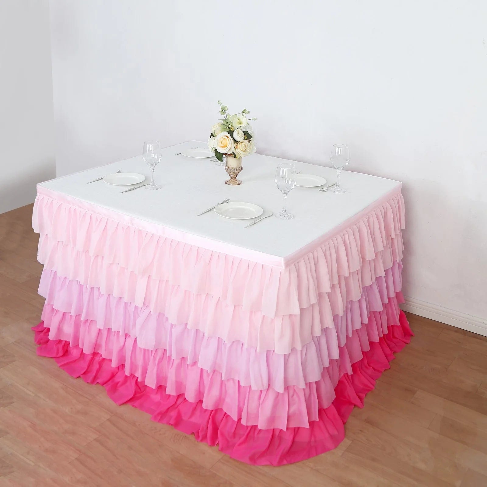 14ft 5-tier Chiffon Ruffled Tutu Table Skirt with Satin Backing - Pink SKT_CHIF01_PINK