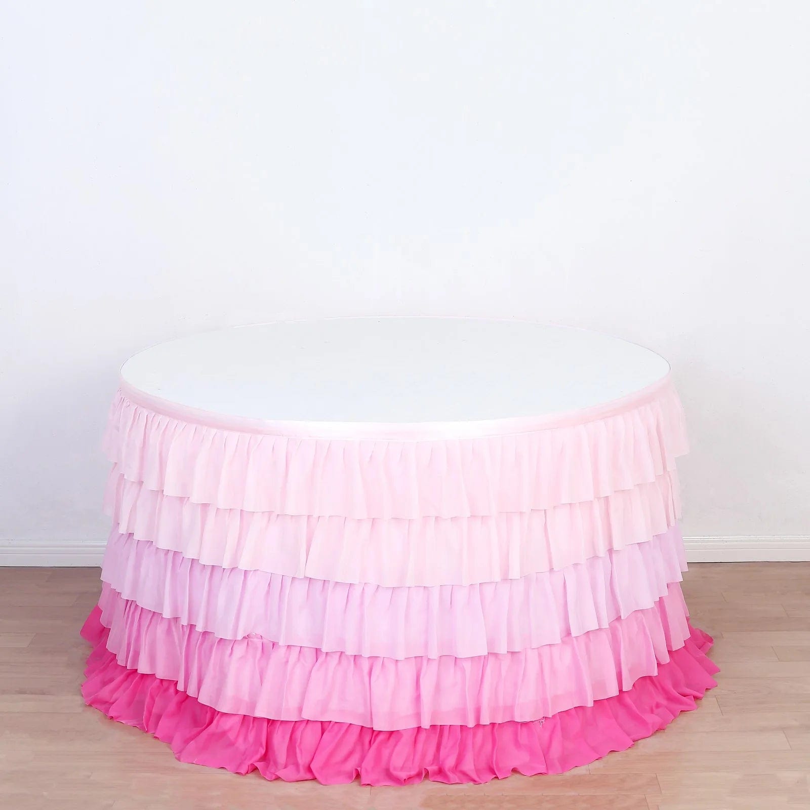 14ft 5-tier Chiffon Ruffled Tutu Table Skirt with Satin Backing - Pink SKT_CHIF01_PINK