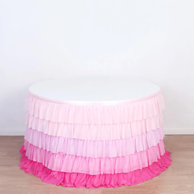 14ft 5-tier Chiffon Ruffled Tutu Table Skirt with Satin Backing - Pink SKT_CHIF01_PINK