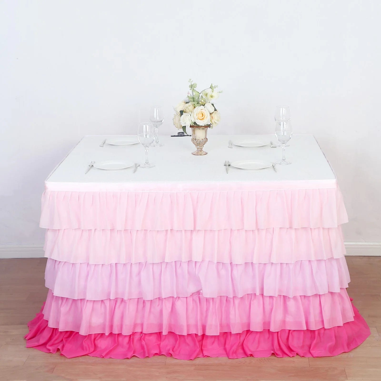 14ft 5-tier Chiffon Ruffled Tutu Table Skirt with Satin Backing - Pink SKT_CHIF01_PINK