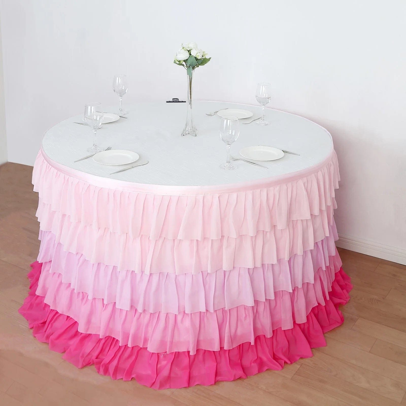 14ft 5-tier Chiffon Ruffled Tutu Table Skirt with Satin Backing - Pink SKT_CHIF01_PINK