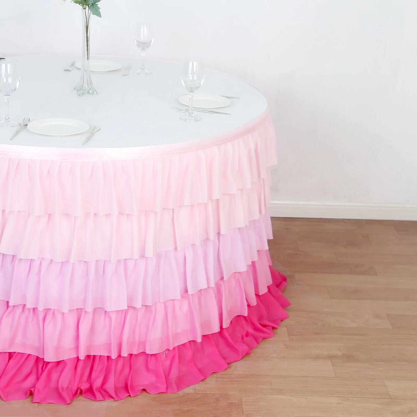 14ft 5-tier Chiffon Ruffled Tutu Table Skirt with Satin Backing - Pink SKT_CHIF01_PINK