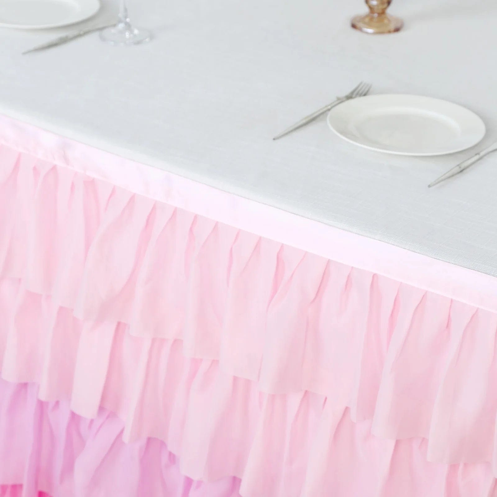 14ft 5-tier Chiffon Ruffled Tutu Table Skirt with Satin Backing - Pink SKT_CHIF01_PINK