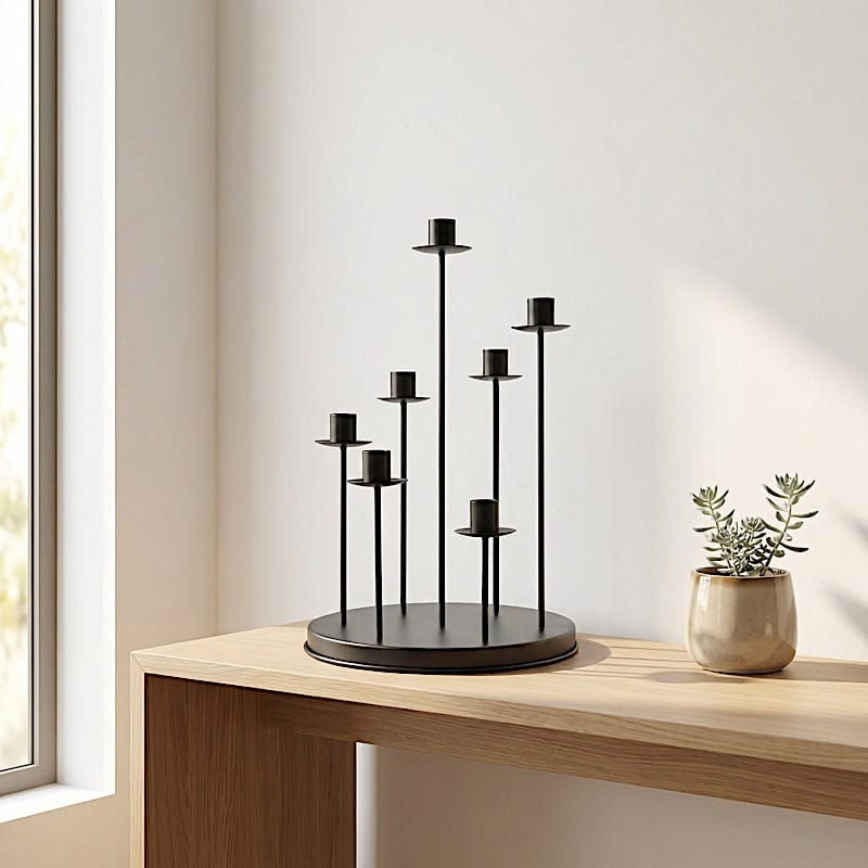 15" Metal 7 arm Round Metal Table Taper Candle Holder with Cluster Design