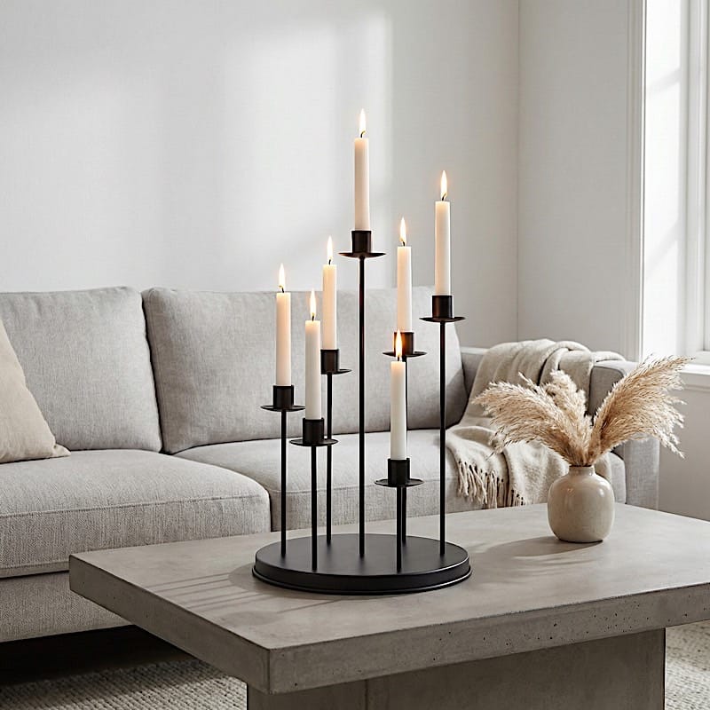 15" Metal 7 arm Round Metal Table Taper Candle Holder with Cluster Design