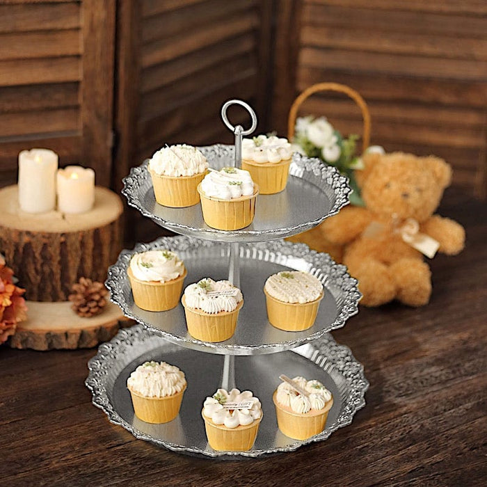 15" Plastic 3 Tier Metallic Dessert Stand Round Cupcake Display Tower with Lace Cut Rim - Gold
