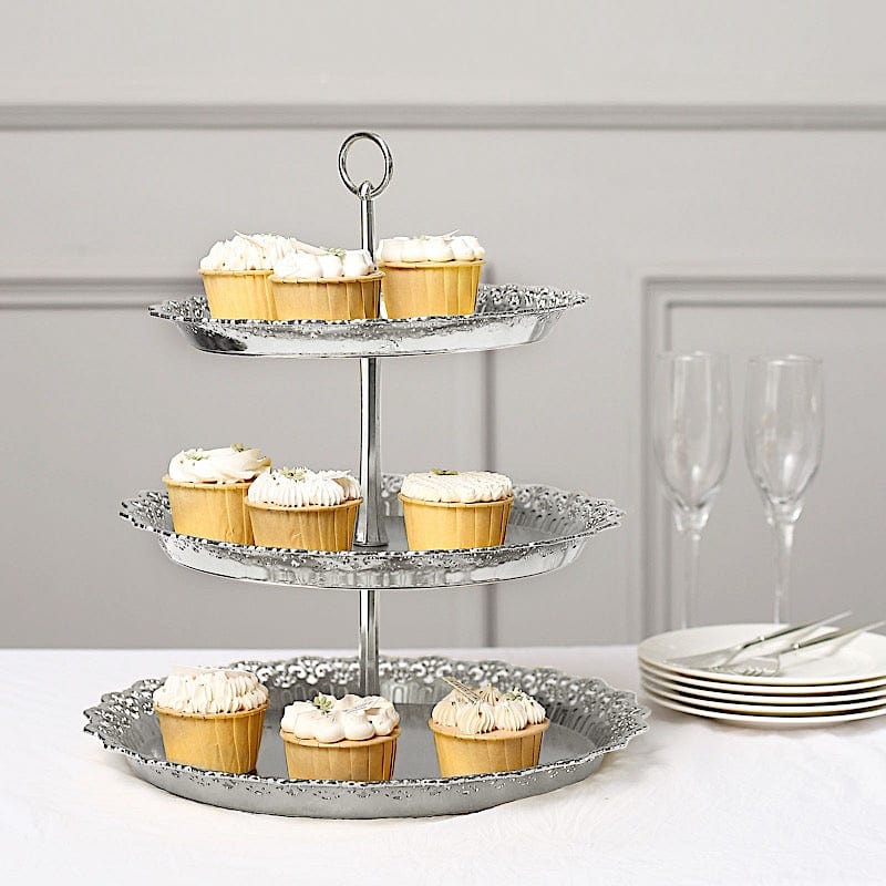 15" Plastic 3 Tier Metallic Dessert Stand Round Cupcake Display Tower with Lace Cut Rim - Gold