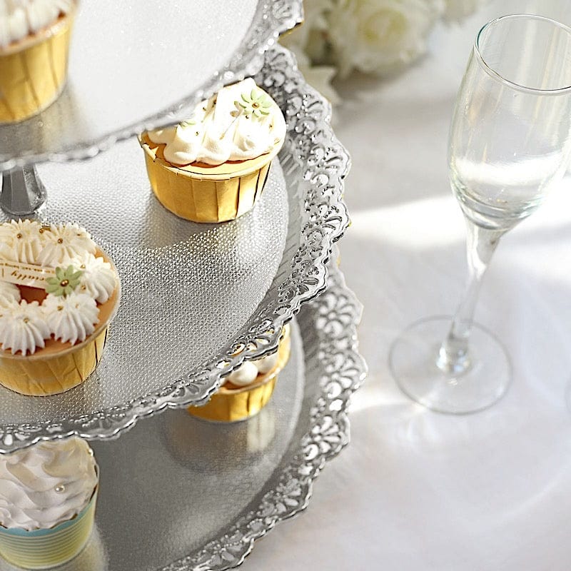 15" Plastic 3 Tier Metallic Dessert Stand Round Cupcake Display Tower with Lace Cut Rim - Gold