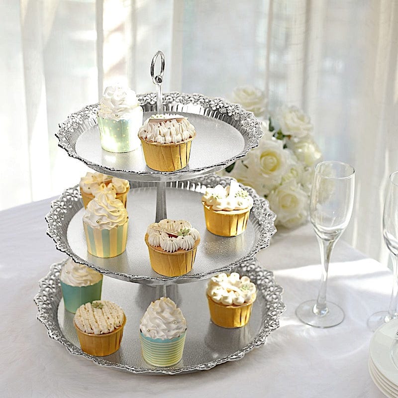 15" Plastic 3 Tier Metallic Dessert Stand Round Cupcake Display Tower with Lace Cut Rim - Gold