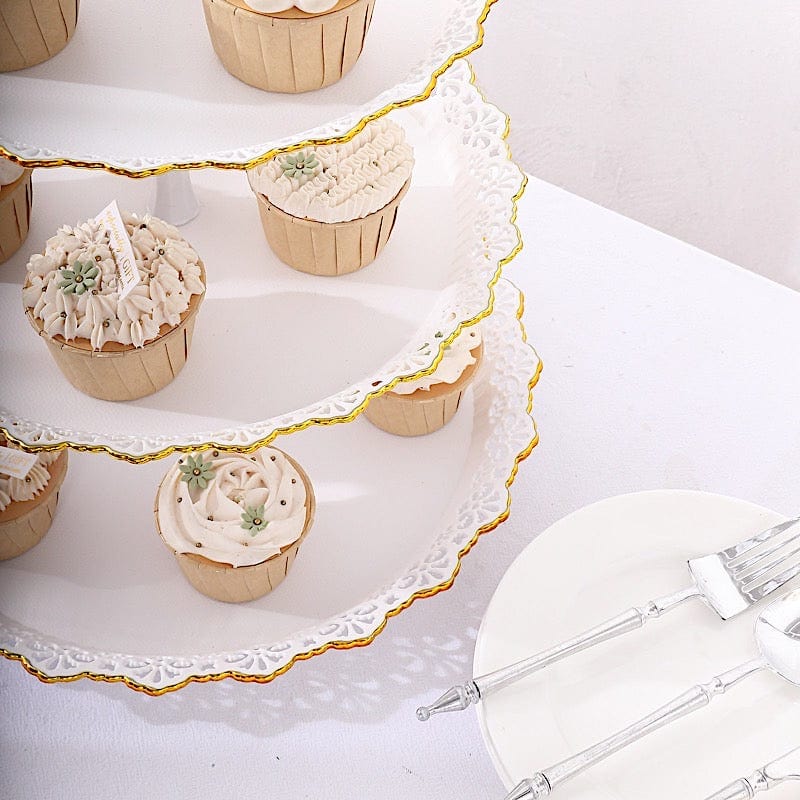 15" Plastic 3 Tier Metallic Dessert Stand Round Cupcake Display Tower with Lace Cut Rim - Gold