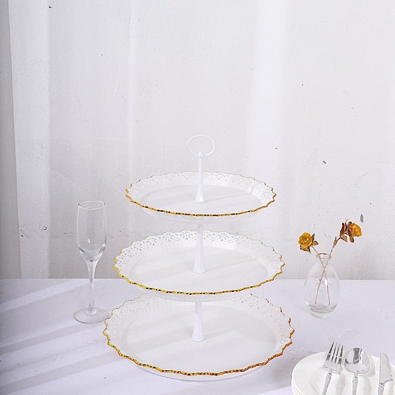 15" Plastic 3 Tier Metallic Dessert Stand Round Cupcake Display Tower with Lace Cut Rim - Gold