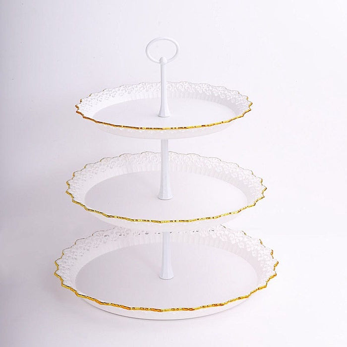 15" Plastic 3 Tier Metallic Dessert Stand Round Cupcake Display Tower with Lace Cut Rim - Gold CAKE_PLST_R010_3_WHGD