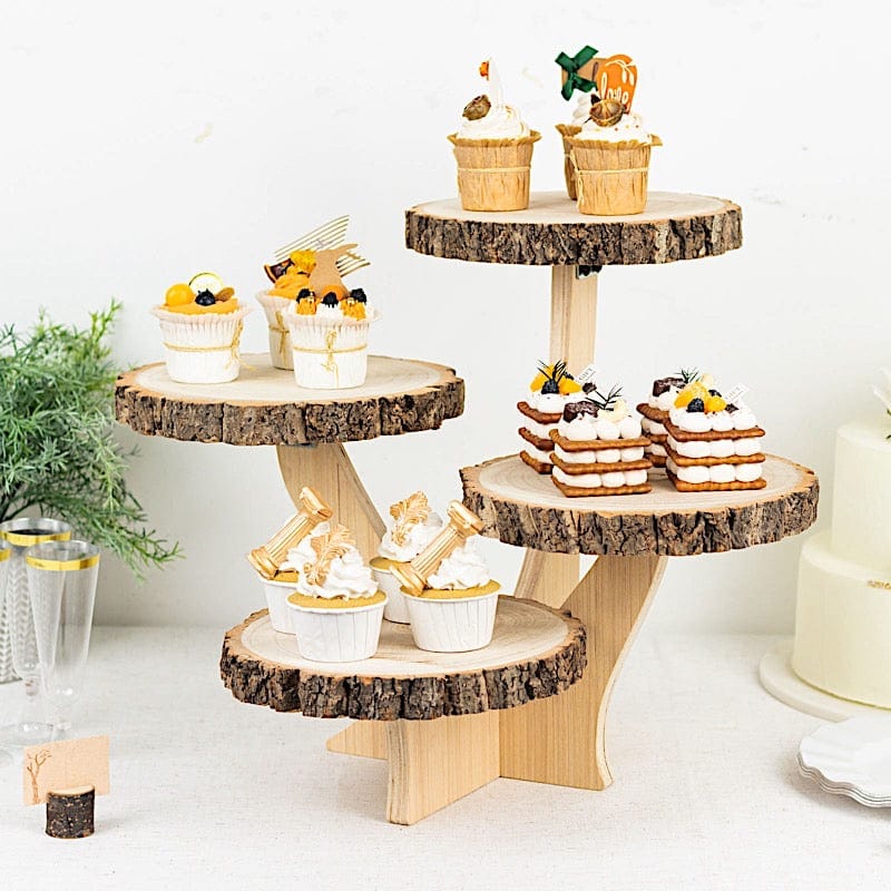 15" Round 4-Tier Farmhouse Style Wood Slice Cupcake Stand Holder - Natural CAKE_WOD016_10_NAT