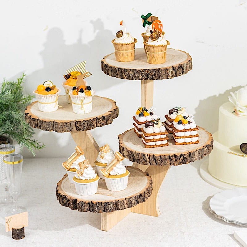 15" Round 4-Tier Farmhouse Style Wood Slice Cupcake Stand Holder - Natural CAKE_WOD016_10_NAT