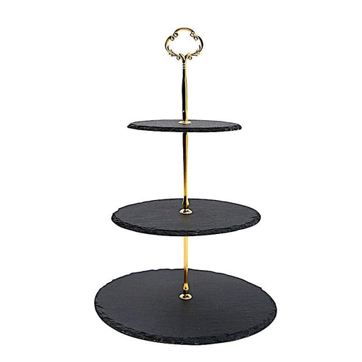 15" tall 3 Tier Dessert Stand Round Stone Plates Cupcake Holder - Black with Gold CAKE_STNE_R001_3_BLK