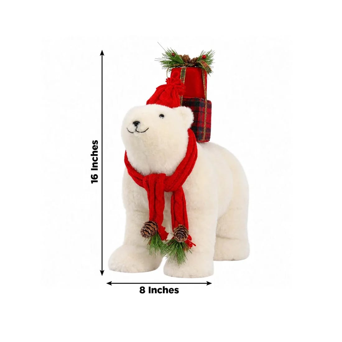 16" Plush Teddy Bear Christmas Figurine with Red Knit Hat & Scarf - White DECO_XMAS_BEAR05_17_WHT