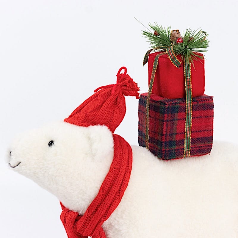 16" Plush Teddy Bear Christmas Figurine with Red Knit Hat & Scarf - White DECO_XMAS_BEAR05_17_WHT