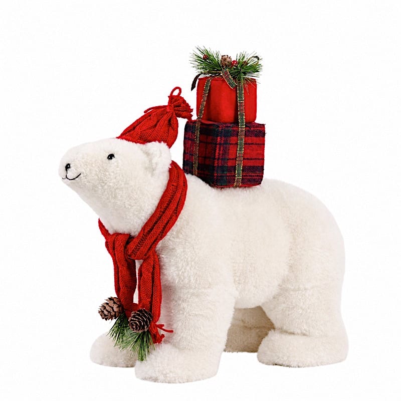 16" Plush Teddy Bear Christmas Figurine with Red Knit Hat & Scarf - White DECO_XMAS_BEAR05_17_WHT