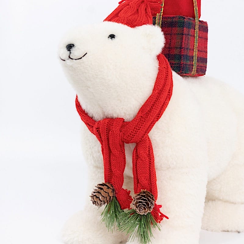 16" Plush Teddy Bear Christmas Figurine with Red Knit Hat & Scarf - White DECO_XMAS_BEAR05_17_WHT