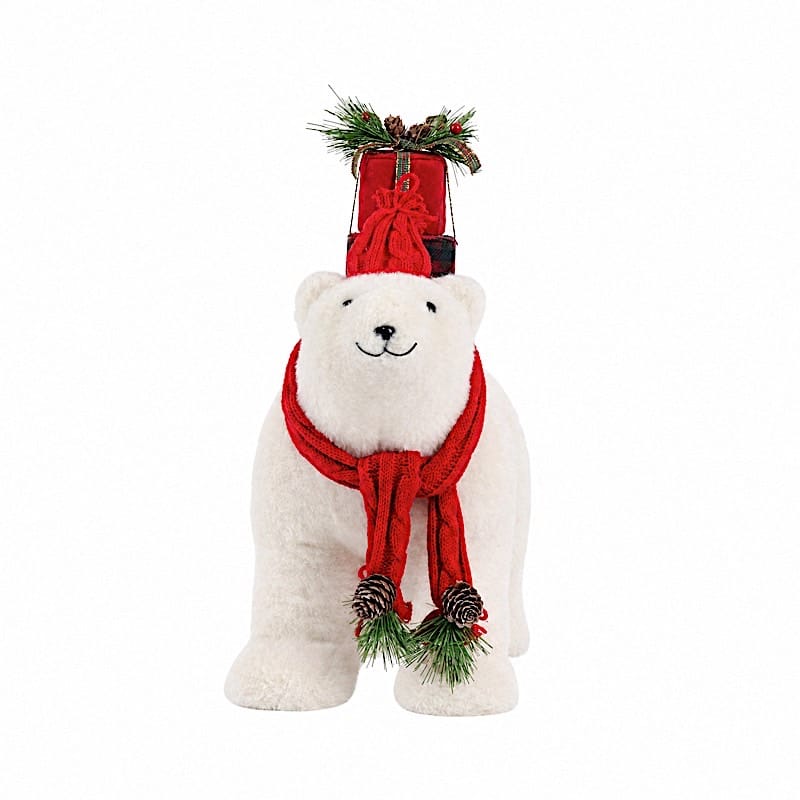16" Plush Teddy Bear Christmas Figurine with Red Knit Hat & Scarf - White DECO_XMAS_BEAR05_17_WHT