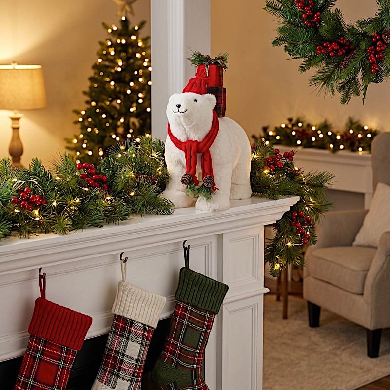 16" Plush Teddy Bear Christmas Figurine with Red Knit Hat & Scarf - White DECO_XMAS_BEAR05_17_WHT