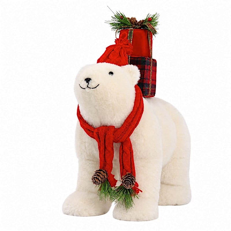 16" Plush Teddy Bear Christmas Figurine with Red Knit Hat & Scarf - White DECO_XMAS_BEAR05_17_WHT