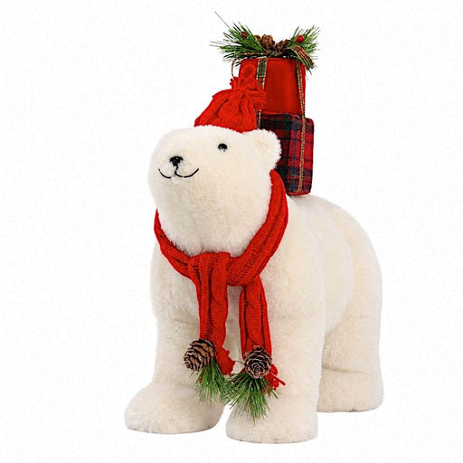 16" Plush Teddy Bear Christmas Figurine with Red Knit Hat & Scarf - White DECO_XMAS_BEAR05_17_WHT