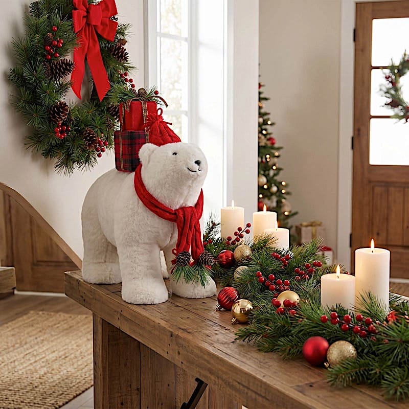 16" Plush Teddy Bear Christmas Figurine with Red Knit Hat & Scarf - White DECO_XMAS_BEAR05_17_WHT