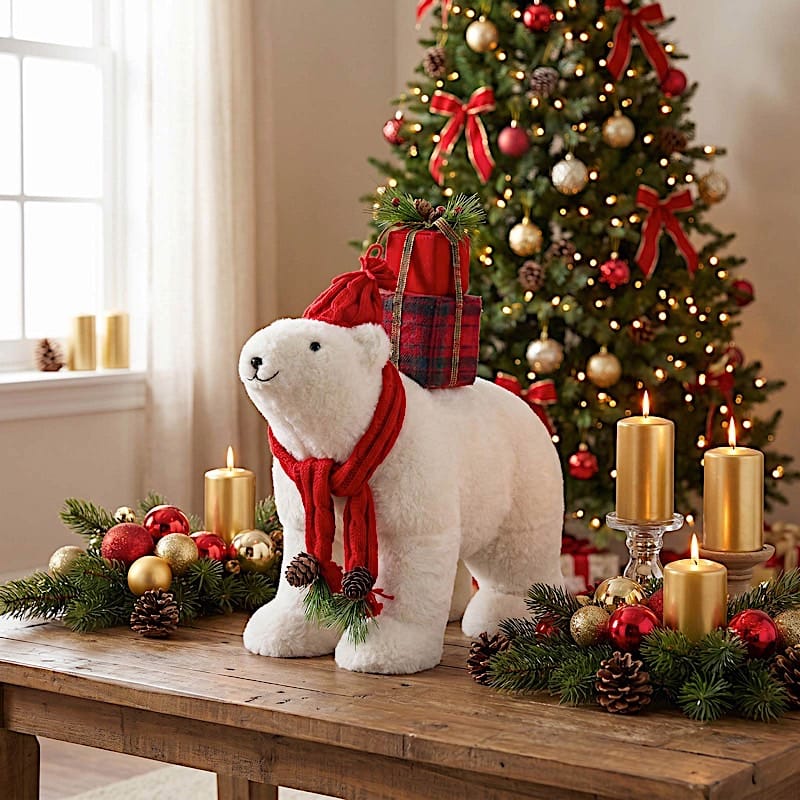 16" Plush Teddy Bear Christmas Figurine with Red Knit Hat & Scarf - White DECO_XMAS_BEAR05_17_WHT