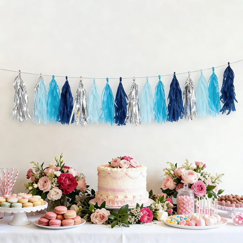 16 Pre-Tied Paper and Foil Tassels Garland with 10 ft Hanging String