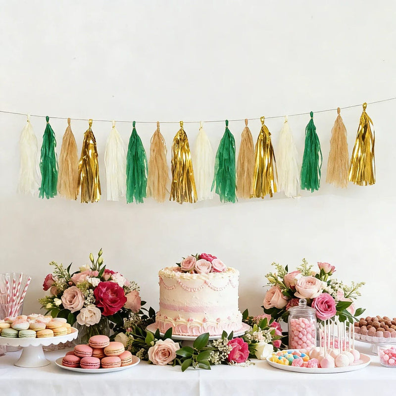 16 Pre-Tied Paper and Foil Tassels Garland with 10 ft Hanging String