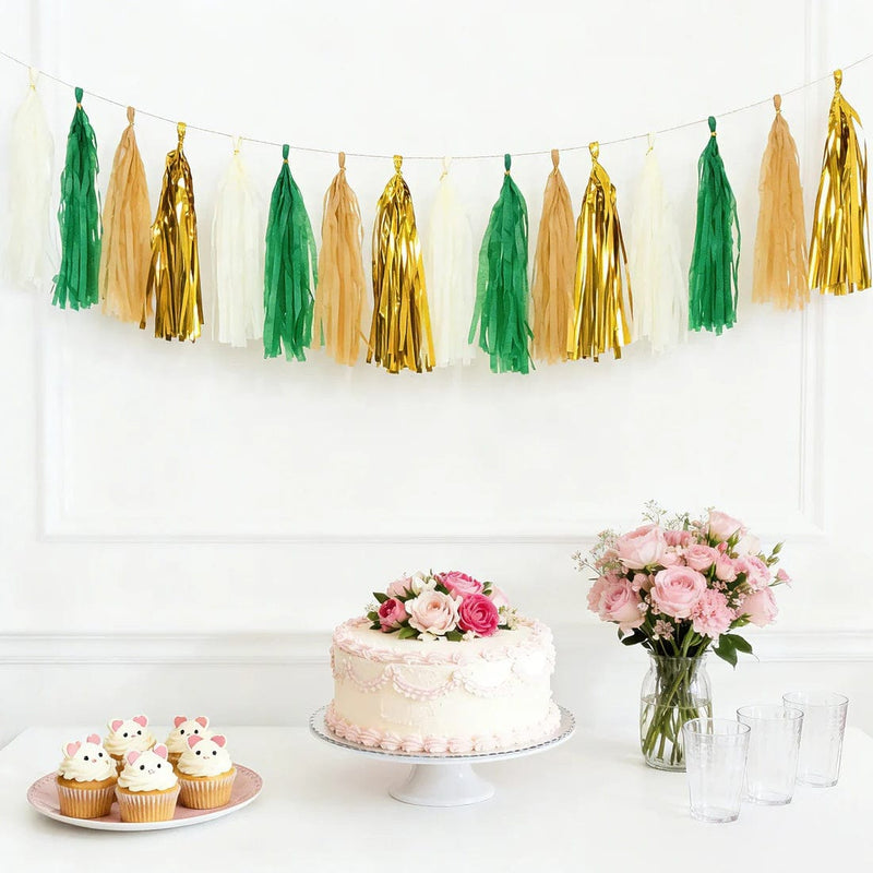 16 Pre-Tied Paper and Foil Tassels Garland with 10 ft Hanging String