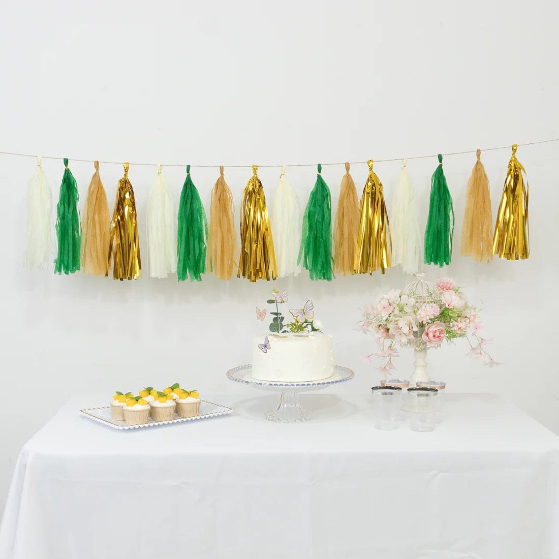 16 Pre-Tied Paper and Foil Tassels Garland with 10 ft Hanging String
