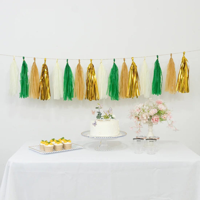 16 Pre-Tied Paper and Foil Tassels Garland with 10 ft Hanging String
