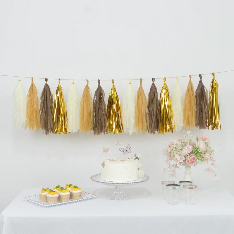 16 Pre-Tied Paper and Foil Tassels Garland with 10 ft Hanging String