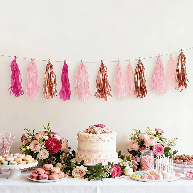 16 Pre-Tied Paper and Foil Tassels Garland with 10 ft Hanging String