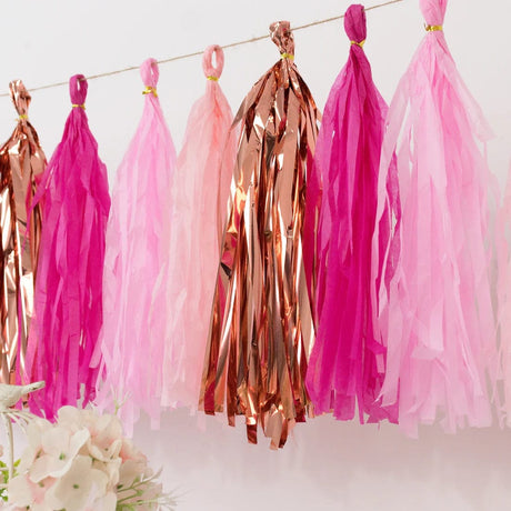 16 Pre-Tied Paper and Foil Tassels Garland with 10 ft Hanging String