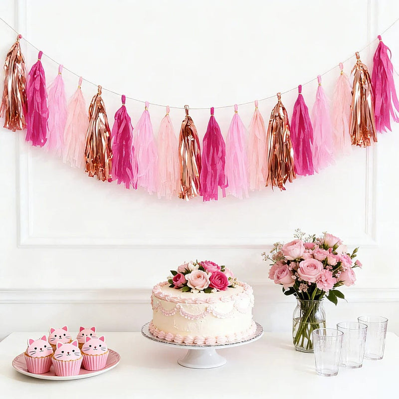 16 Pre-Tied Paper and Foil Tassels Garland with 10 ft Hanging String