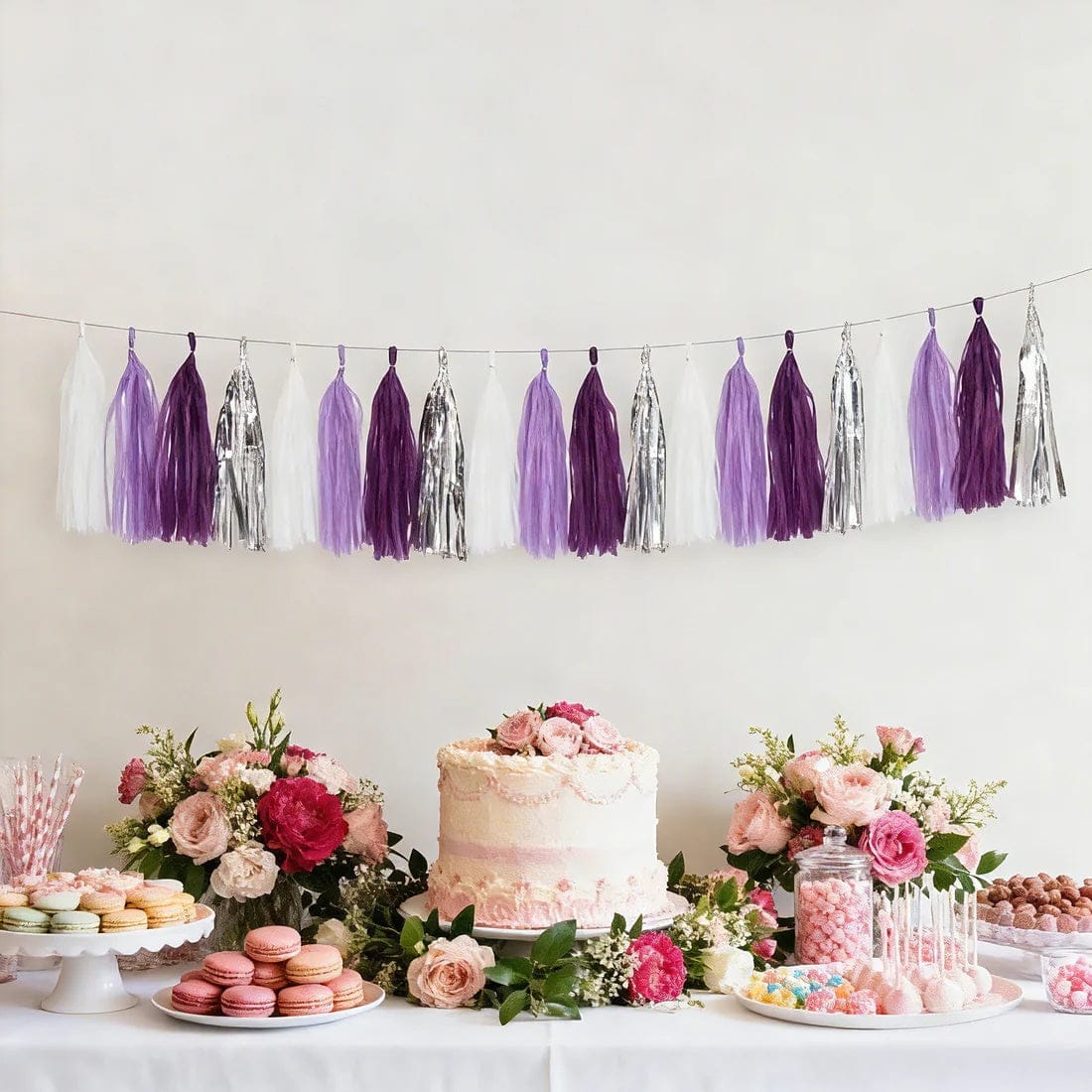 16 Pre-Tied Paper and Foil Tassels Garland with 10 ft Hanging String