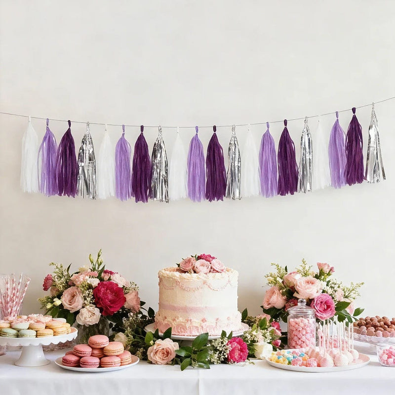 16 Pre-Tied Paper and Foil Tassels Garland with 10 ft Hanging String