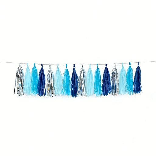 16 Pre-Tied Paper and Foil Tassels Garland with 10 ft Hanging String PAP_GRLD_MIX_BLUSILV