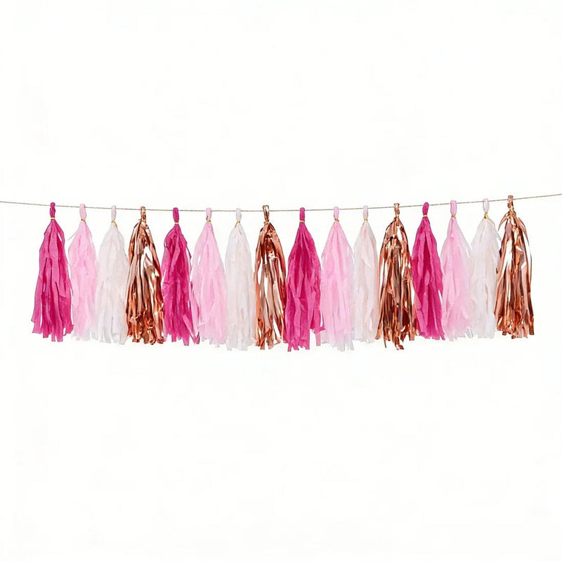 16 Pre-Tied Paper and Foil Tassels Garland with 10 ft Hanging String PAP_GRLD_MIX_PINKRG