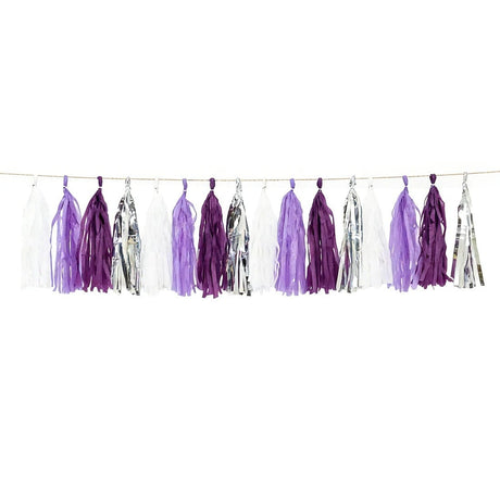 16 Pre-Tied Paper and Foil Tassels Garland with 10 ft Hanging String PAP_GRLD_MIX_PURPSILV
