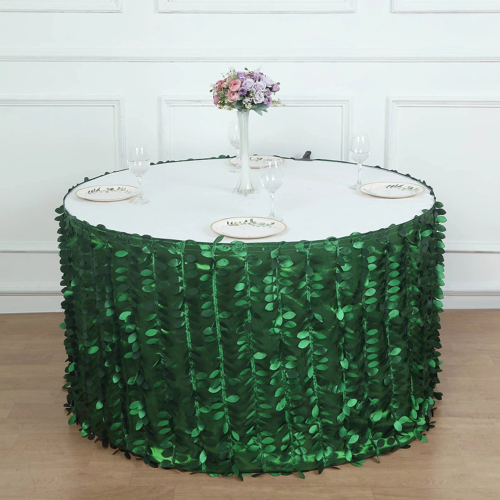 17 ft 3D Leaf Petal Taffeta Fabric Table Skirt - Green SKT_LEAF_GRN_17