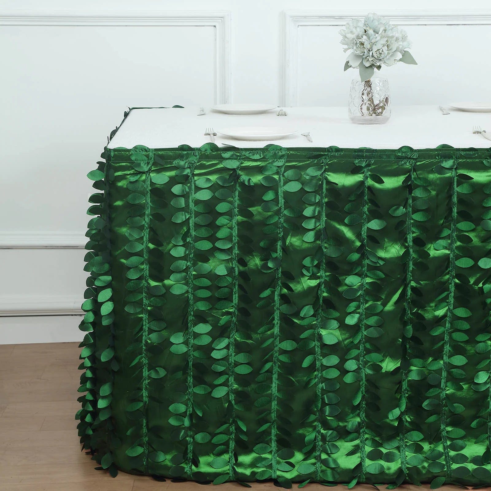 17 ft 3D Leaf Petal Taffeta Fabric Table Skirt - Green SKT_LEAF_GRN_17